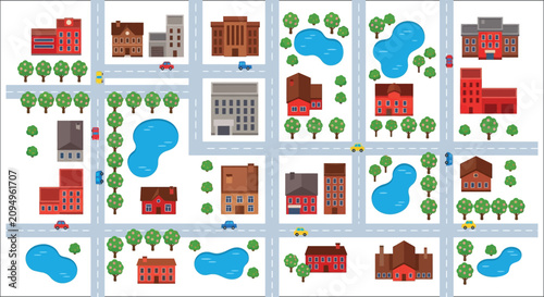 Φωτογραφία City map illustration with buildings roads trees and bodies of water in a flat s