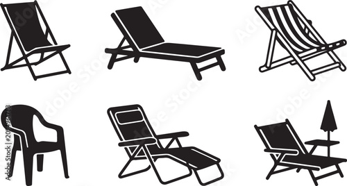 Obraz na płótnie Assorted folding beach chairs and lounge set in black and white Vector