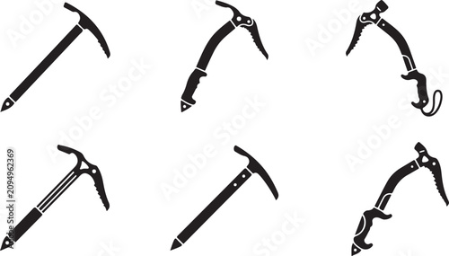 Foto Six different types of ice axes and climbing picks in black and white Vector