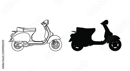 Motor Scooter Line Drawing And Black Silhouette