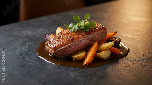 A gourmet French-inspired Vietnamese dish featuring perfectly seared duck breast, roasted vegetables, and a rich savory sauce on a rustic stone background