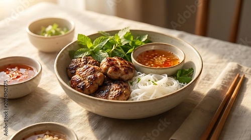 A gourmet bowl of bun cha representing a refined French-inspired Vietnamese dish served with grilled pork patties, rice noodles, fresh herbs, and dipping sauce