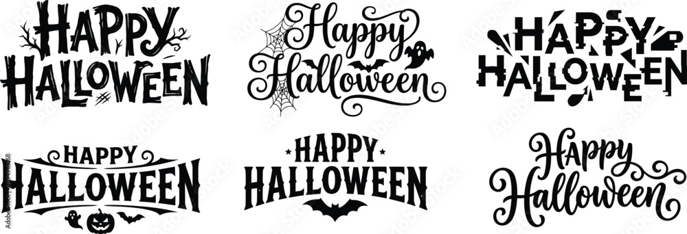 Obraz premium Minimal Happy Halloween Typography Logo Set Featuring Clean Modern Decorative Lettering Vector