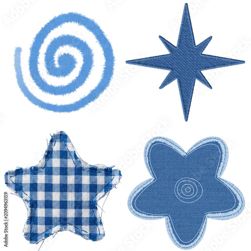 Collection of Blue Fabric Patches Featuring Decorative Embroidered Shapes and Textured Pattern Designs for Crafting Projects