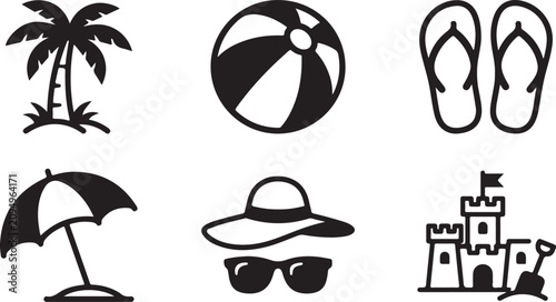 Foto Six beach and vacation icons set including flip flops, beach ball, palm tree Vec
