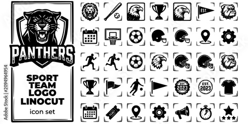 Sport Team Logo Linocut Black White-Mascot Head Wordmark Shield Athletic-Sport Brand Vector-Team Icon Linocut-Logo Symbol Design Set