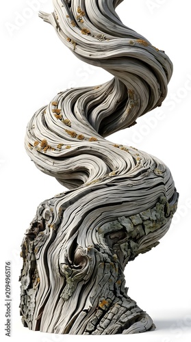 Twisted Gnarled Tree Trunk With Spiral Weathered Wood Texture and Lichen, Organic Natural Sculpture Background for Nature and Rustic Design