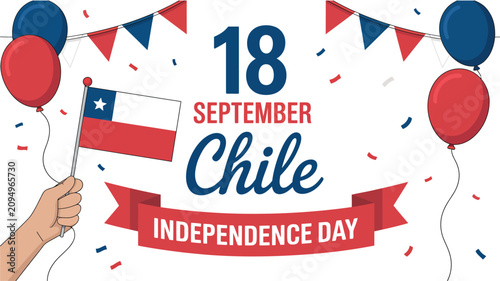 Fotografía Chile Independence Day festive greeting banner with Chilean flag, balloons, bunt