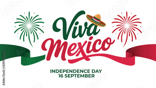 Foto Viva Mexico Independence Day festive typography with sombrero, patriotic ribbon