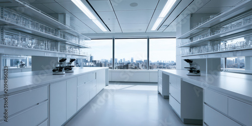 Modern Lab with Urban View: Bright, Sterile Workspace for Scientific Research and Innovation