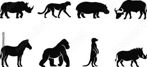 Photography African Wildlife Animal Silhouette Icon Set Featuring Safari Mammals and Wild Fa