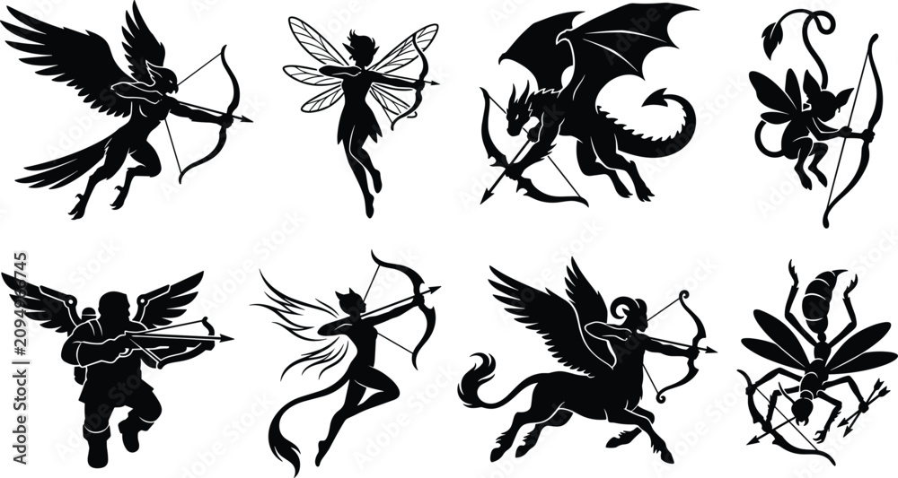 Fototapeta premium Mythical Cupid and Fantasy Archer Silhouette Icon Set with Winged Magical Creatures Collection