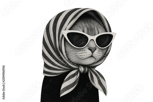 Stylish cat wearing striped headscarf and vintage sunglasses monochrome portrait
