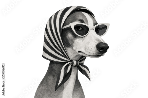 Elegant greyhound dog wearing striped headscarf and sunglasses vintage portrait
