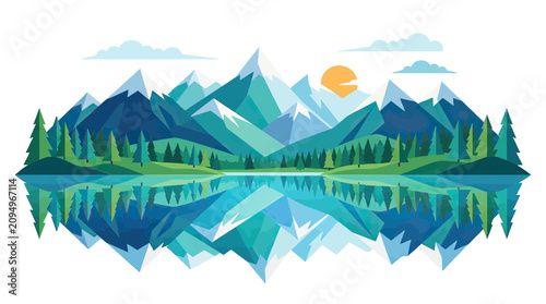 Schilderij op canvas Scenic mountain range and pine forest reflecting in serene lake