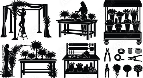 Obraz na płótnie Set of professional florist silhouettes showing flower arrangement, wedding deco