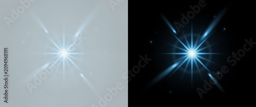 Shining star with rays and lens flares on gray and black backgrounds  starburst effect with bright light and radial lines