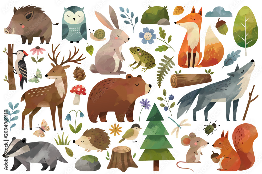 Obraz premium Watercolor woodland animals. Set of hand drawn wild forest animals and plants. Fox, wolf, mouse, reindeer, bunny.
