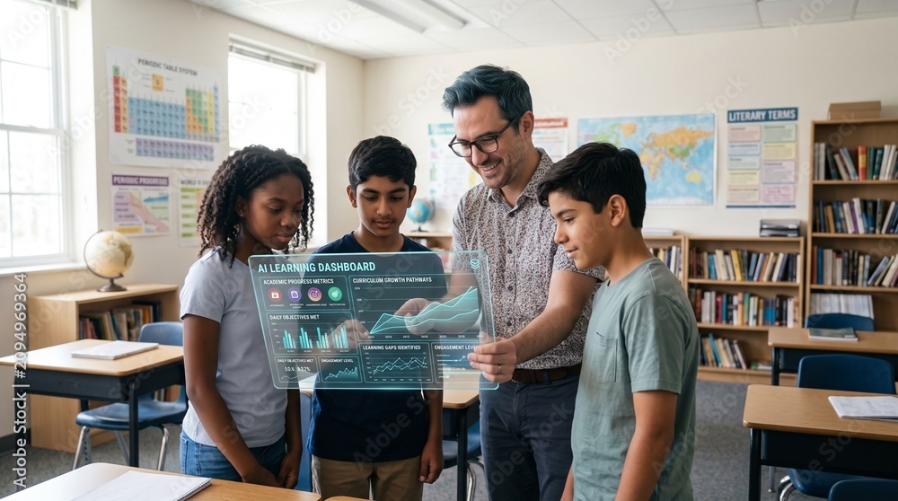 Obraz premium Educator showing students holographic AI learning dashboard in classroom with library background