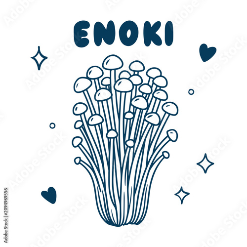 Minimalist hand-drawn illustration of enoki mushrooms with decorative stars and hearts on white background. Doodle