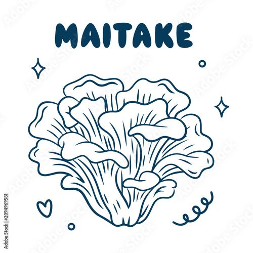 Minimalist hand-drawn illustration of a maitake mushroom with decorative swirl and hearts on white background. Doodle