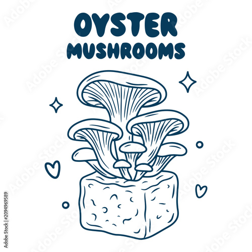 Minimalist hand-drawn illustration of oyster mushrooms growing from a block with stars and hearts. Doodle