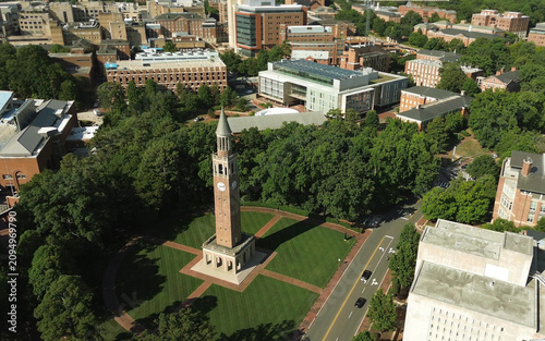Aerial view of the memorial bell tower on the University of North Carolina campus in Chapel Hill
