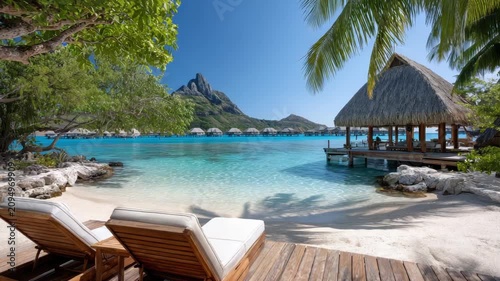 Bora Bora luxury resort overwater pavilion with a thatched roof. White sand beach. Turquoise lagoon. And stunning Mount Otemanu in the background