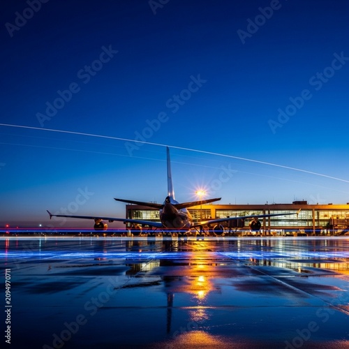 Cargo Airplane Parked at Airport Terminal Gate at Night with Wet Tarmac Reflections
