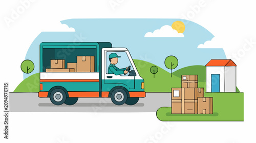 Delivery truck with driver and stacked boxes in a flat vector illustration
