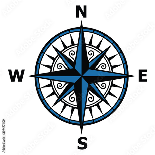 Fotografie Nautical blue and black compass rose navigational direction symbol on white back