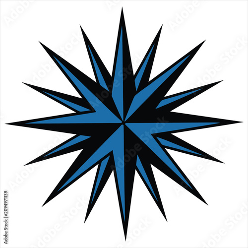 Sharp blue and black star navigational icon with multi pointed spikes navigation tool star shape compass navigation direction nautical starburst orientation isolated exploration
