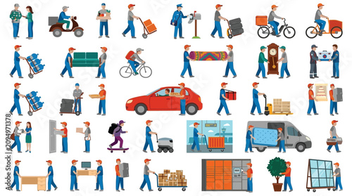 Obraz na płótnie Delivery Service Personnel And Equipment Colorful Vector Illustration