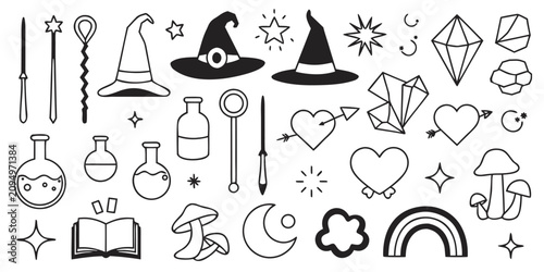 Magic and mystical doodle icons for fantasy design projects