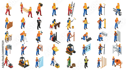 Tableau sur toile Construction Workers Isometric Illustration With Tools And Equipment
