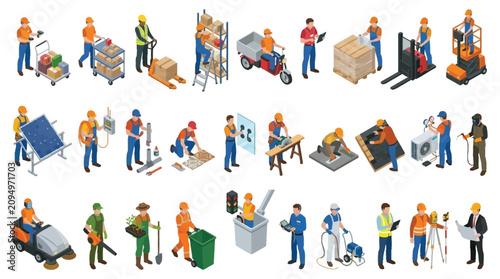 Isometric Construction Workers And Equipment On White Background