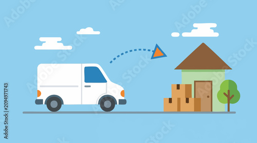 Home delivery service by white van with packages at residential house