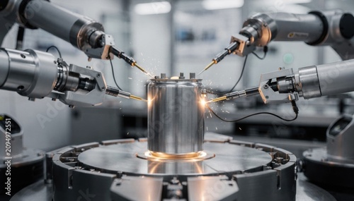 Medium shot of hybrid lowESR capacitor can sealing showcasing robotic arms performing hermetic sealing with advanced technology.