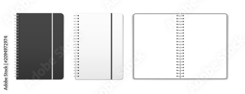 Spiral notebook mockup with open and closed notepads, realistic blank journal covers and pages for planner, diary, stationery, office branding and presentation design. Vector set