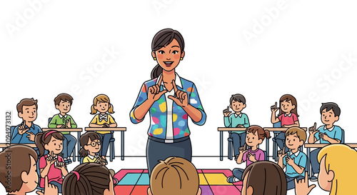 Teacher engaging with diverse group of children in classroom setting