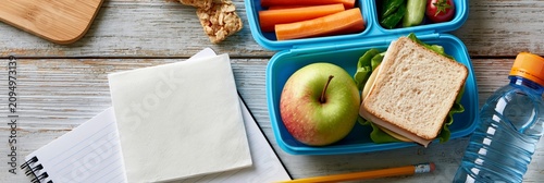 Healthy lunchbox with sandwich, apples, nuts, and school supplies on grey background, back to school banner