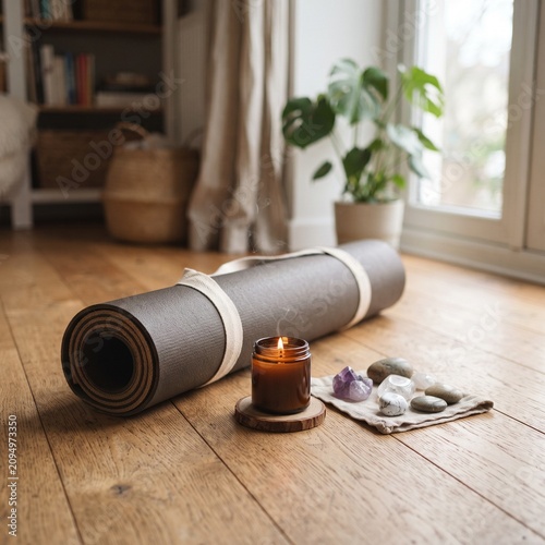 Rolled yoga mat with meditation stones and candle, peaceful zen atmosphere, soft natural lighting, wooden floor background, photorealistic, 