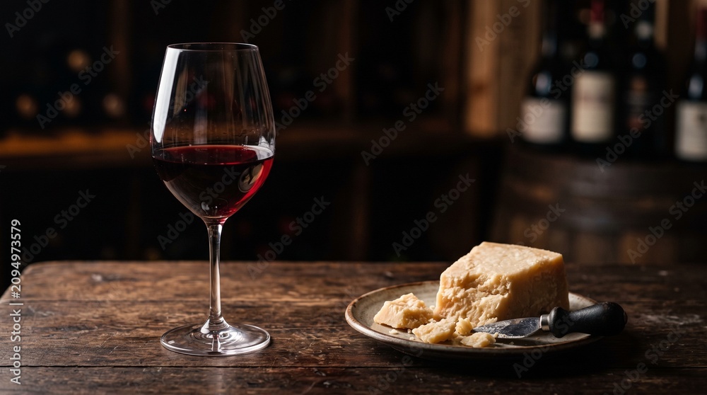 Naklejka premium A glass of red wine and a wedge of aged cheese on a rustic wooden table in a cellar
