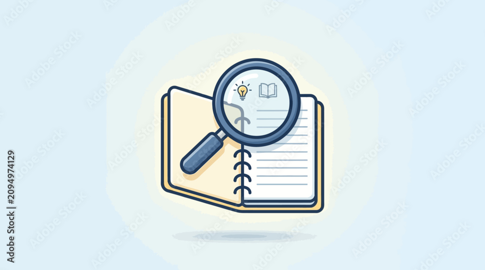 Fototapeta premium Notebook and magnifying glass icon representing research, learning, and educational analysis.