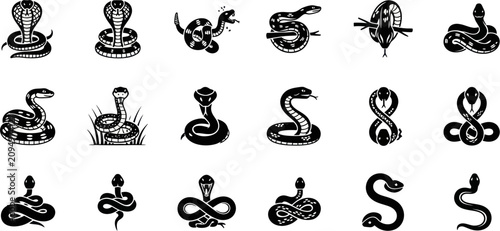 Foto A collection of various snakes are illustrated in different poses and styles on a white background