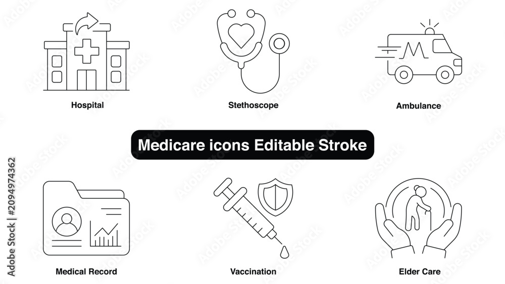 Fototapeta premium Medical medicare icons set with editable stroke for healthcare design