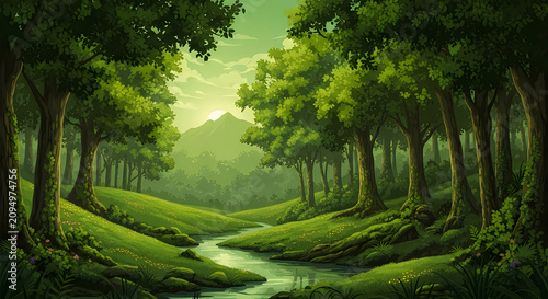 Peaceful forest path with sunlight filtering through trees