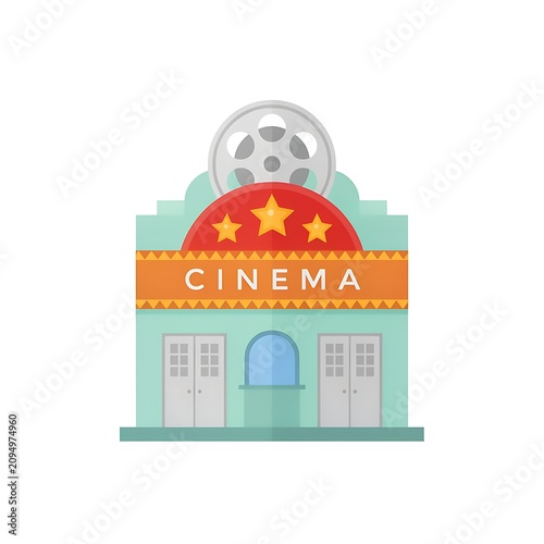 A vibrant cinema building with film reel and star decorations stands outdoors