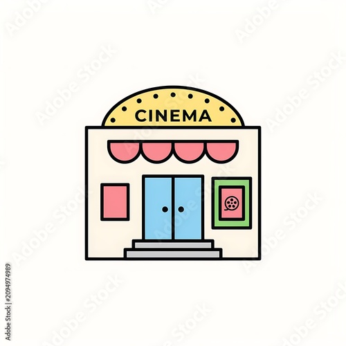 A colorful cinema building with a blue door and pink awning stands alone