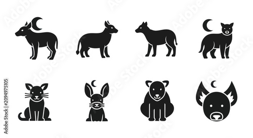 Foto Black silhouettes of various animals with crescent moon horns on their heads sta